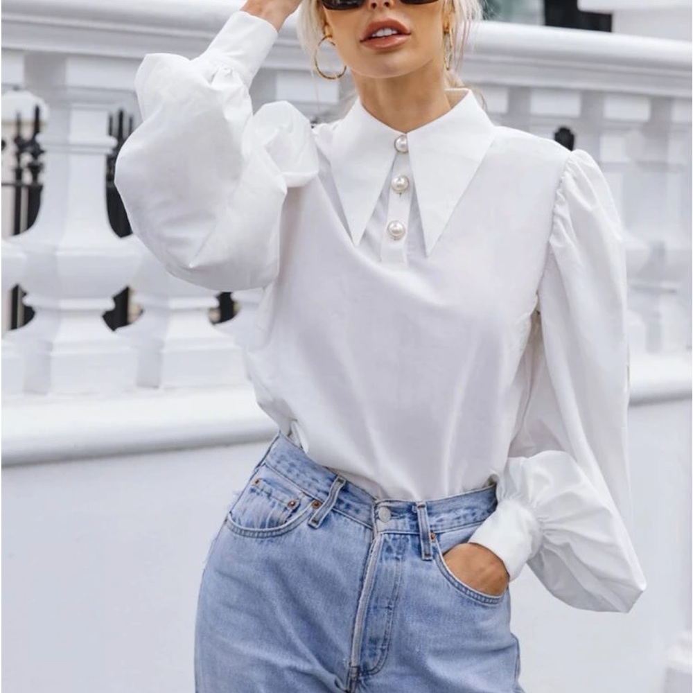 Elegant Classy Puff Cuff Long Sleeve Collar Top Blouse Shirt “OFF WHITE”